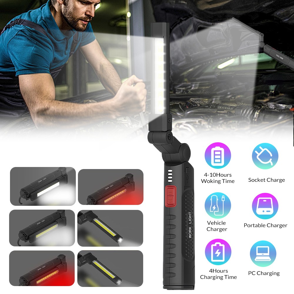 Mini COB LED Work Light 1200mAh Magnetic Rechargeable Mechanic Torch Flashlight