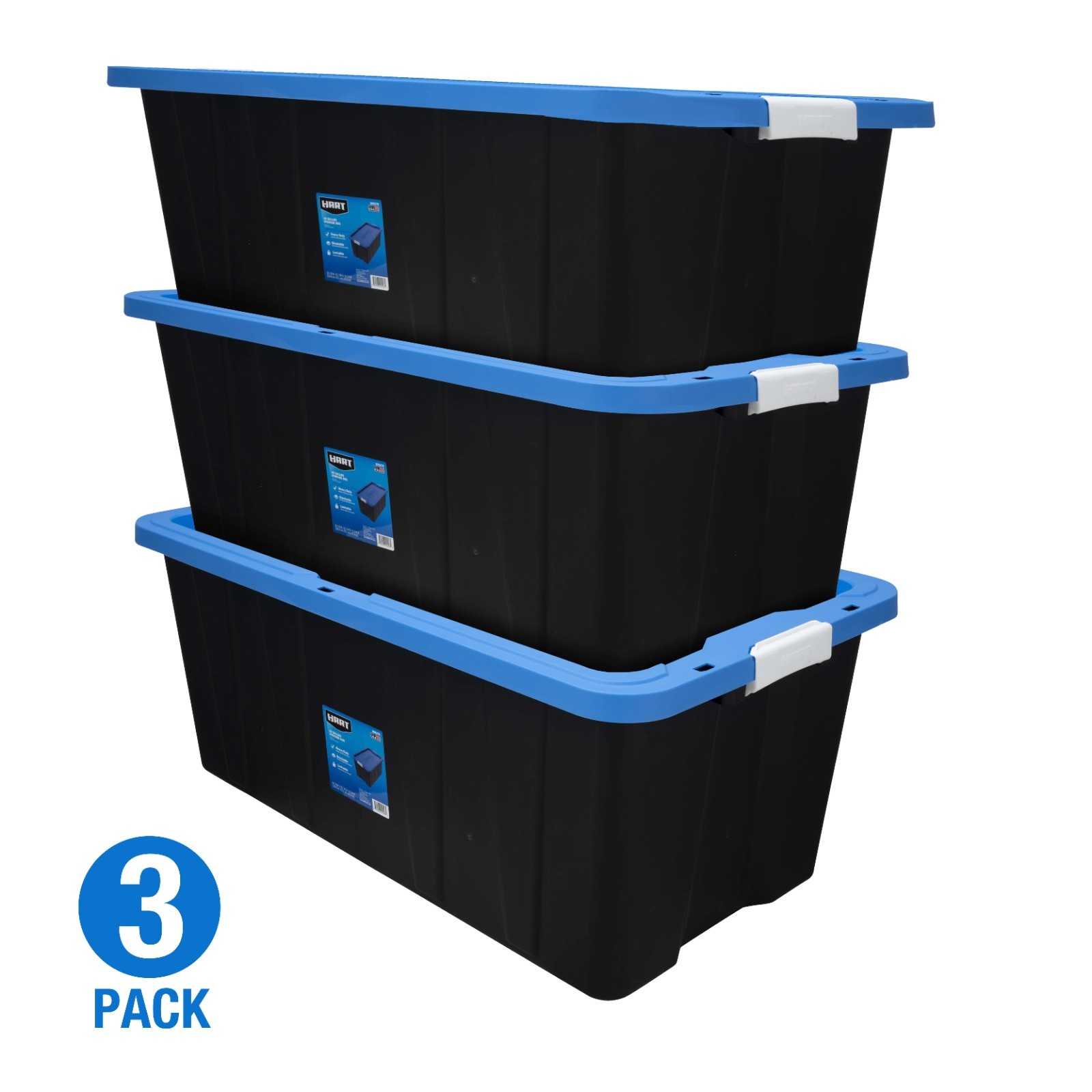 HART 40 Gal Heavy Duty Latching Storage Bins Black w Blue Lid Set of 3