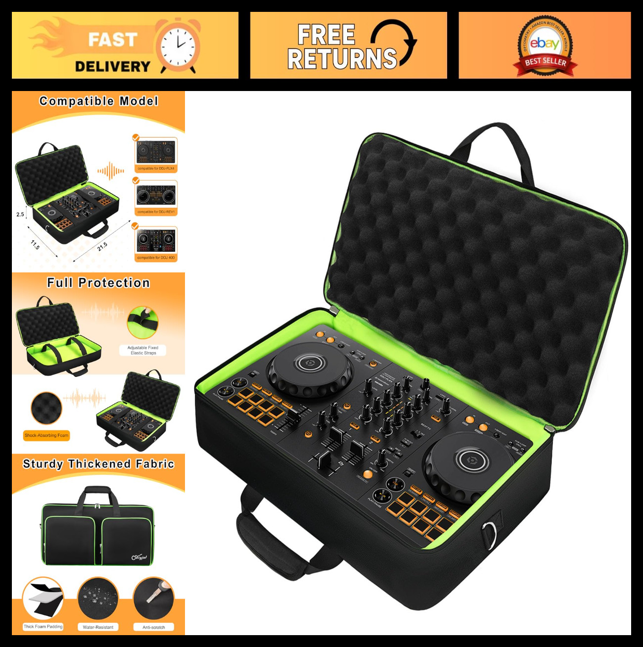 Padded DJ Controller Case for DDJ FLX4, DDJ 400, REV1 - Adjustable Shoulder Stra