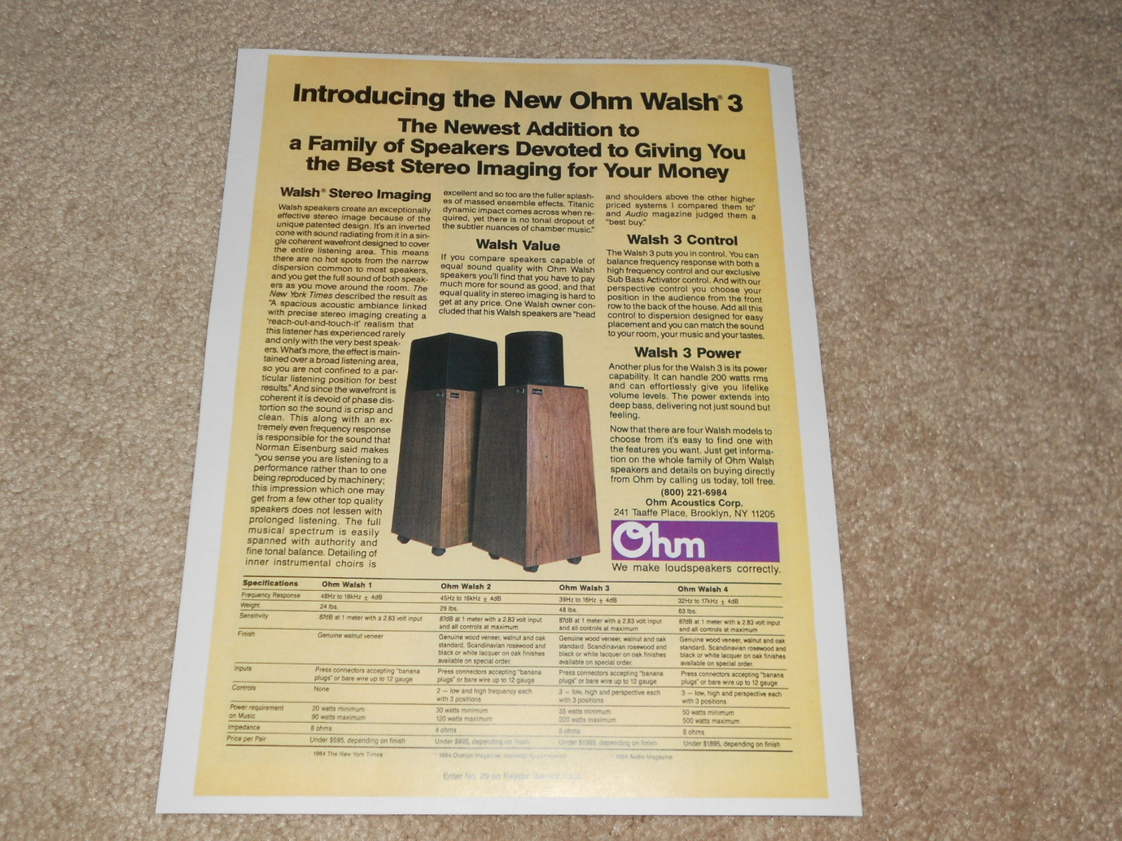 Ohm Walsh 3 Speaker Ad, 1985, Specs, Walsh 4,2,1, Articles, Info, Specs, 1 page