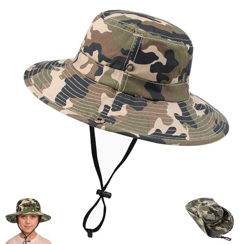 Cotton Camo Sun Hats for Kids, Quick-Dry Wide-Brim Sun 4-8 Years Camouflage