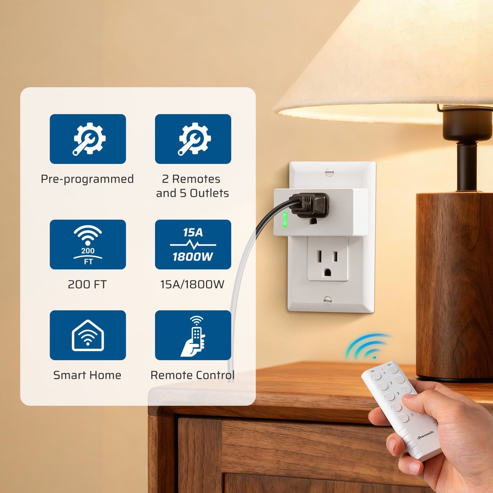 DEWENWILS No Interference Remote Outlet, 200FT, 5 Outlets 2 Remotes, Easy Setup