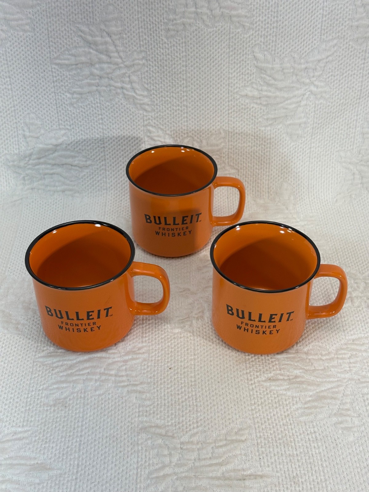 Bulleit Frontier Whiskey Mugs Set Of 3 Orange With Black Lip ring And Lettering