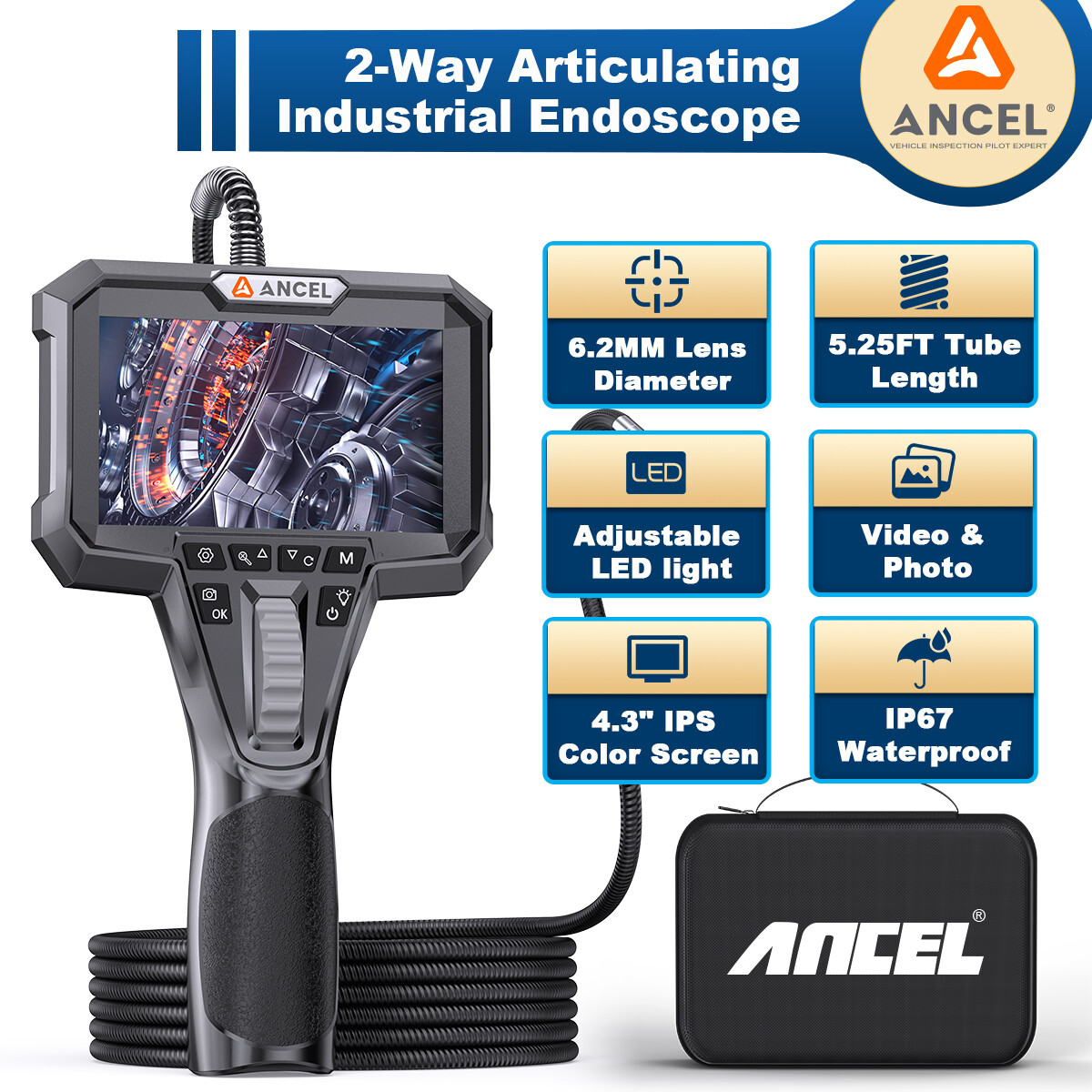 ANCEL AN301 6.2mm Articulating Borescope 2-Way 210° Industrial Endoscope Camera