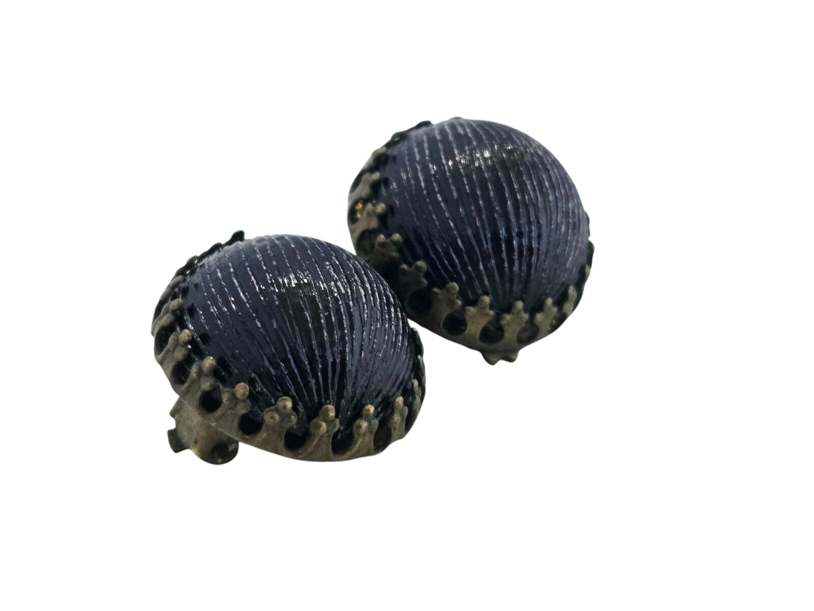 Made in Austria Black Textured Domed Clip Earrings in Fancy Prong Brass Setting
