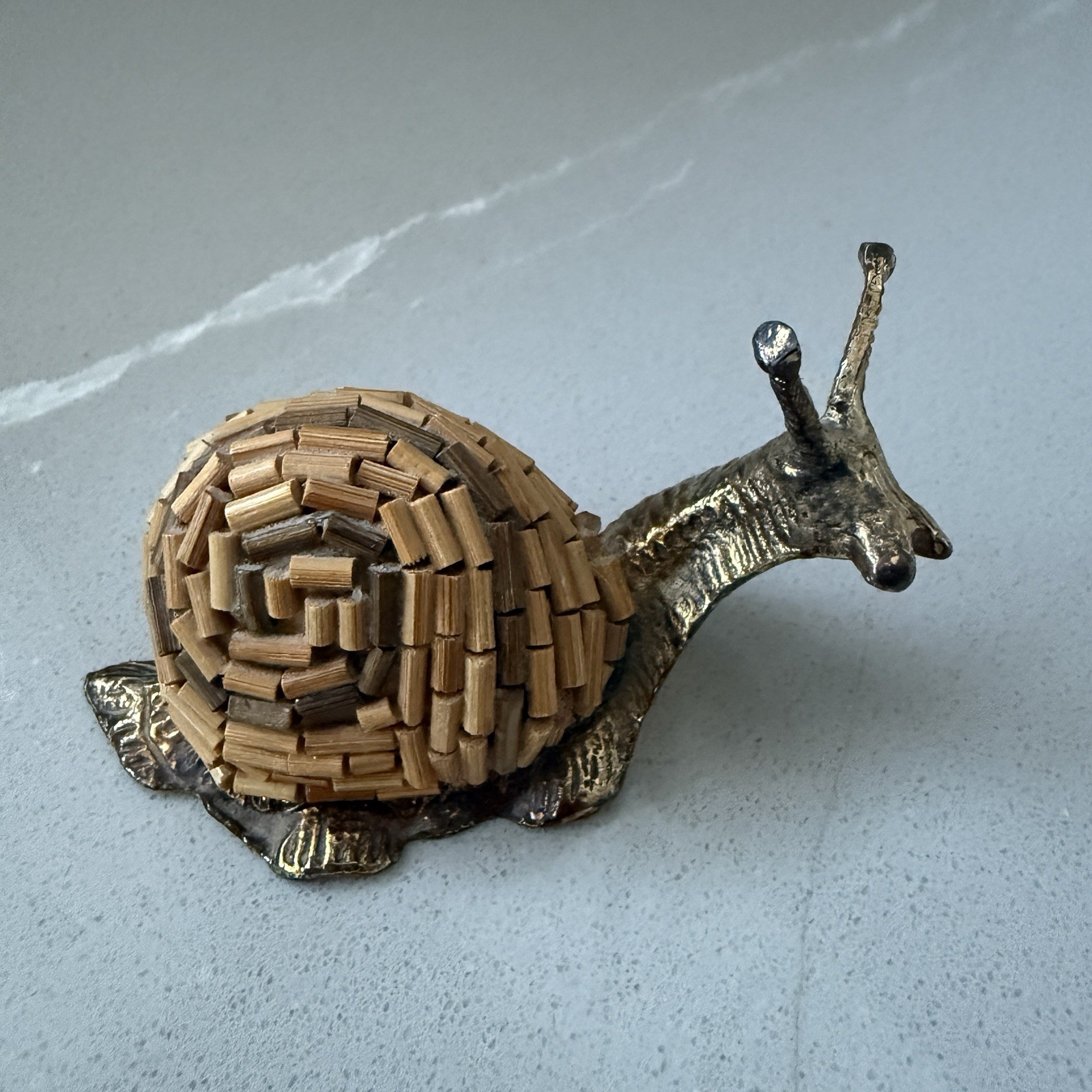 TARZIA 1970's Vintage Italian Brass & Bamboo Snail Figurine Paperweight