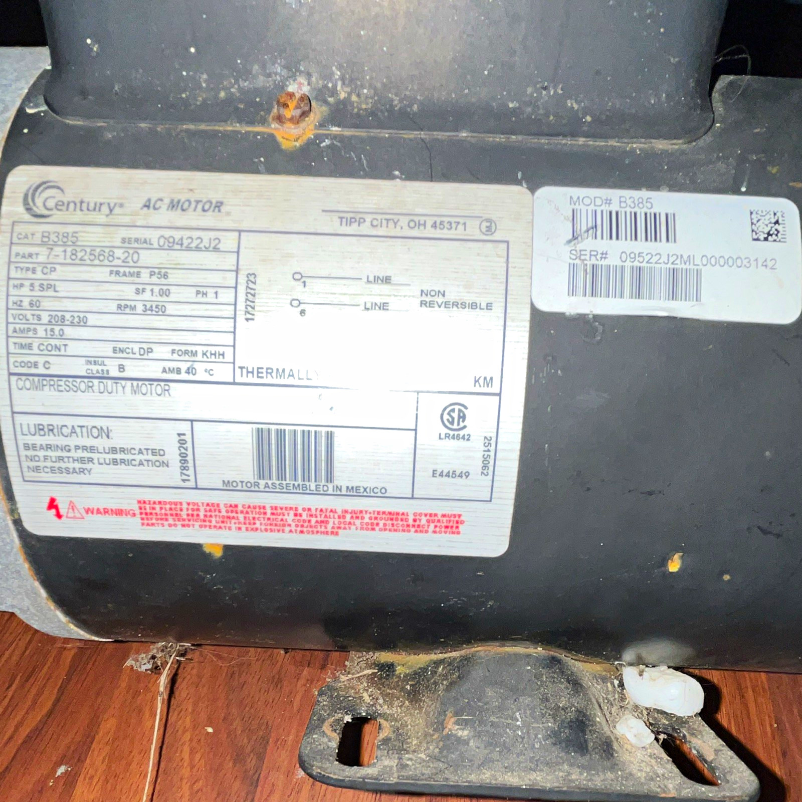 Century AC Motor 5hp spl 15 amp air compressor motor W/ pulley