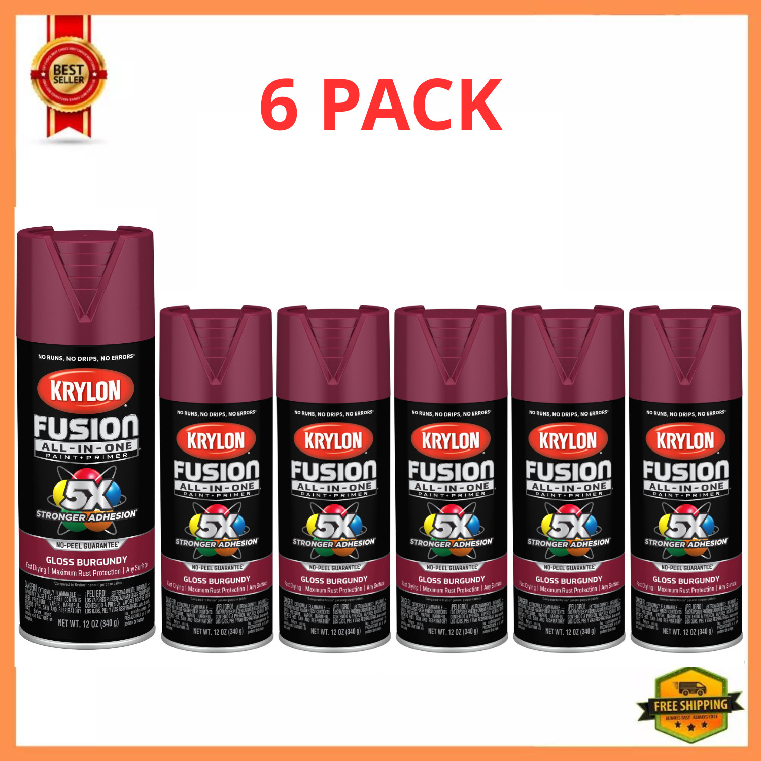 (6 pack) Krylon Fusion All-In-One, Gloss, Burgundy, 12 oz
