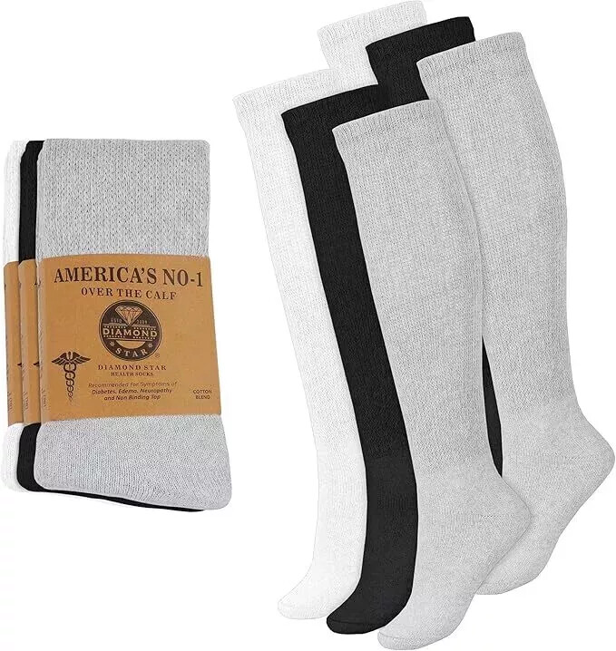 6-12 Pairs Men's Diabetic Over The Calf Socks- Knee High Cotton Socks