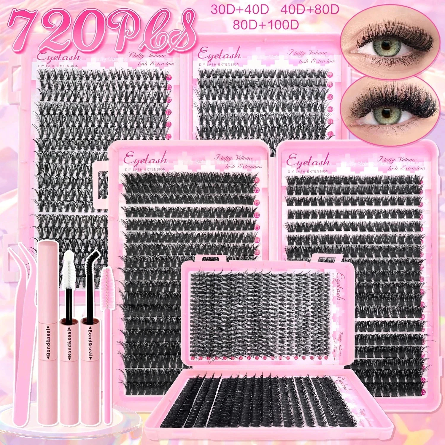 DIY Lash Extension Kit Clusters Individual Eyelashes 720 pcs