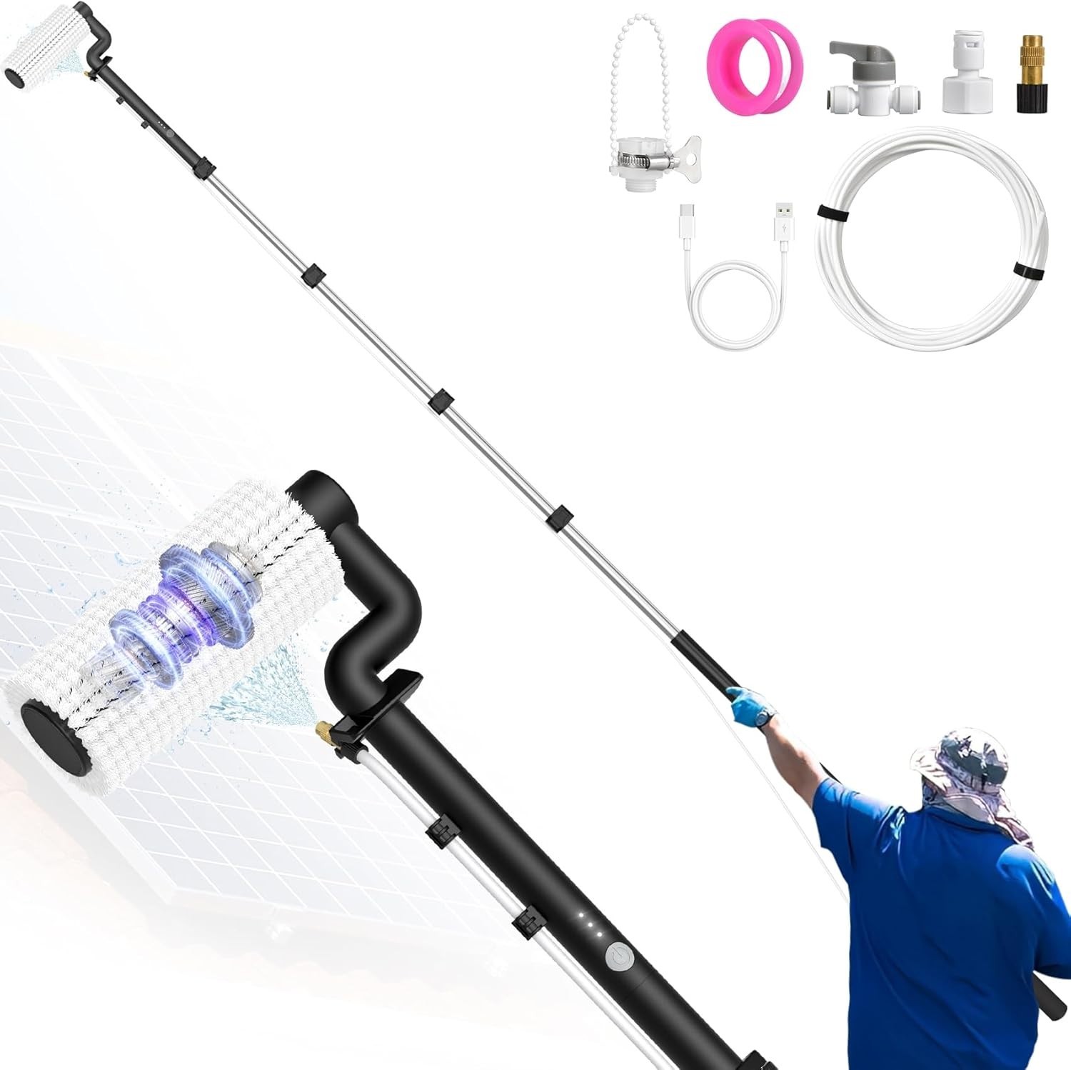 Solar Panel Cleaning Brush and Pole, 20FT Electric Cleaning Roller Brush with Te
