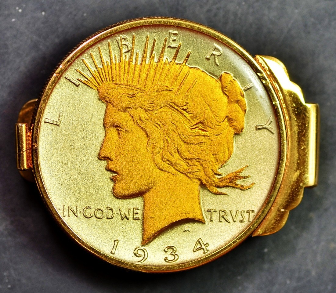 GORGEOUS ANTIQUED, ACRYLIC GOLD-ENHANCED 1934 SILVER Peace Dollar MONEY CLIP