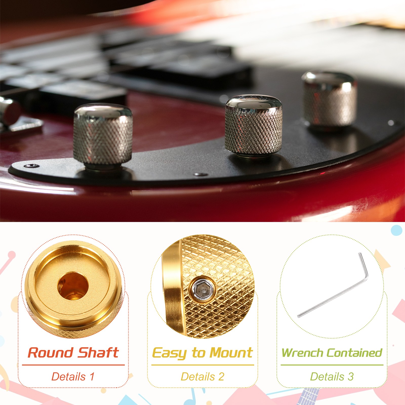 4PCS Guitar Knobs Metal, Volume Tone Knobs 1/4" x 7/8" x 0.6", Gold