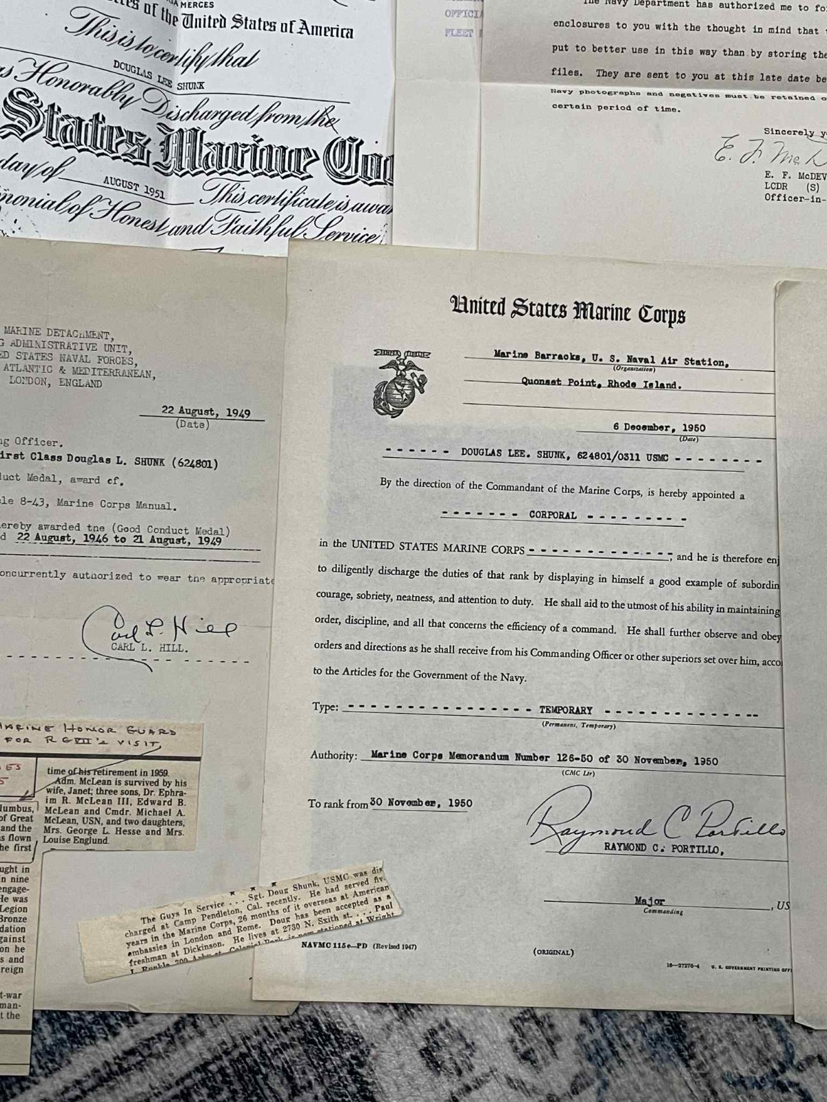 DOCUMENT GROUPING WW2 WWII to Korea USMC US Marine Corps DE Shunk - 3rd Brigade