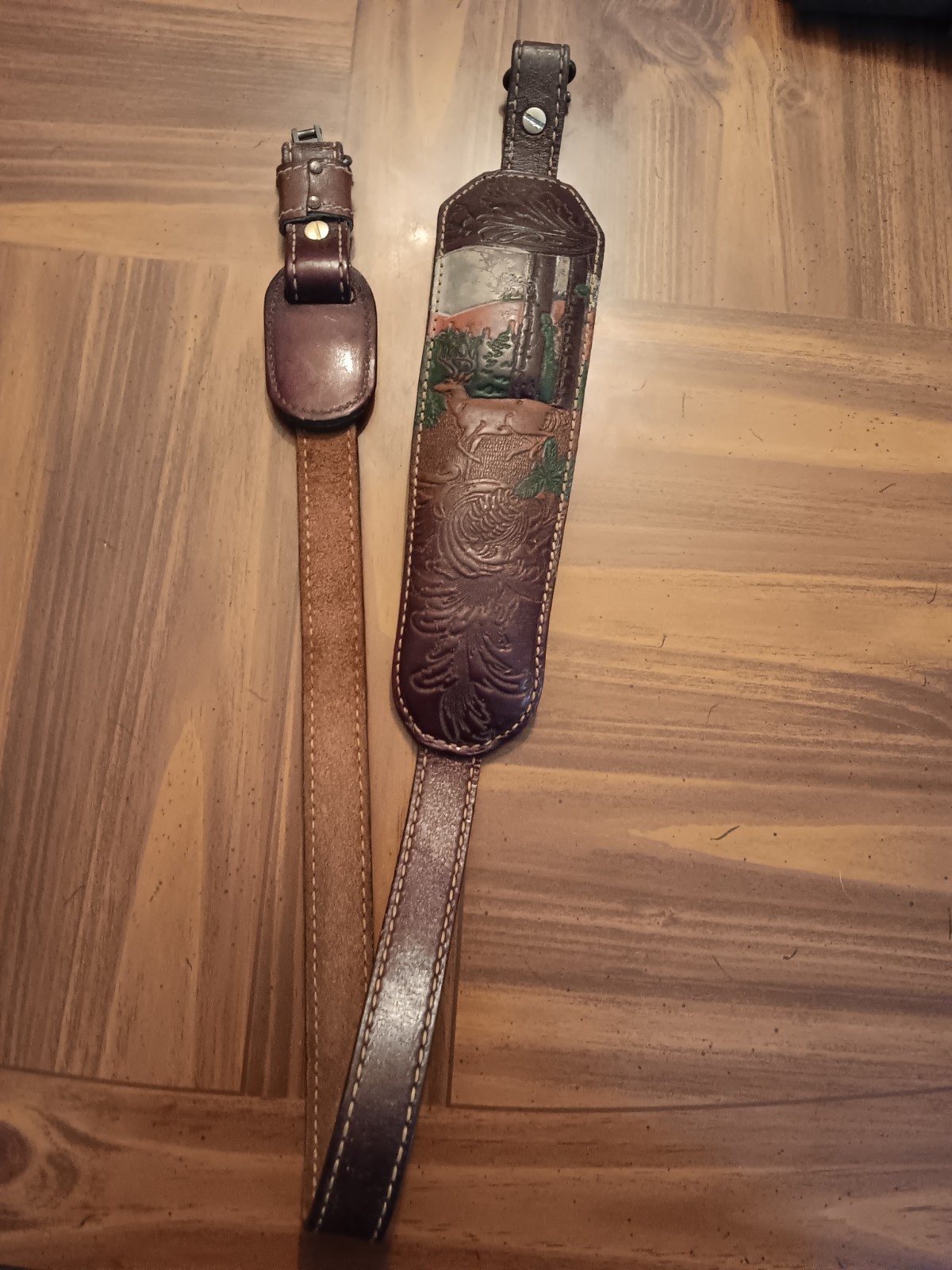 Vintage leather Hunter rifle Sling tooled deer padded w/swivels (26-539)
