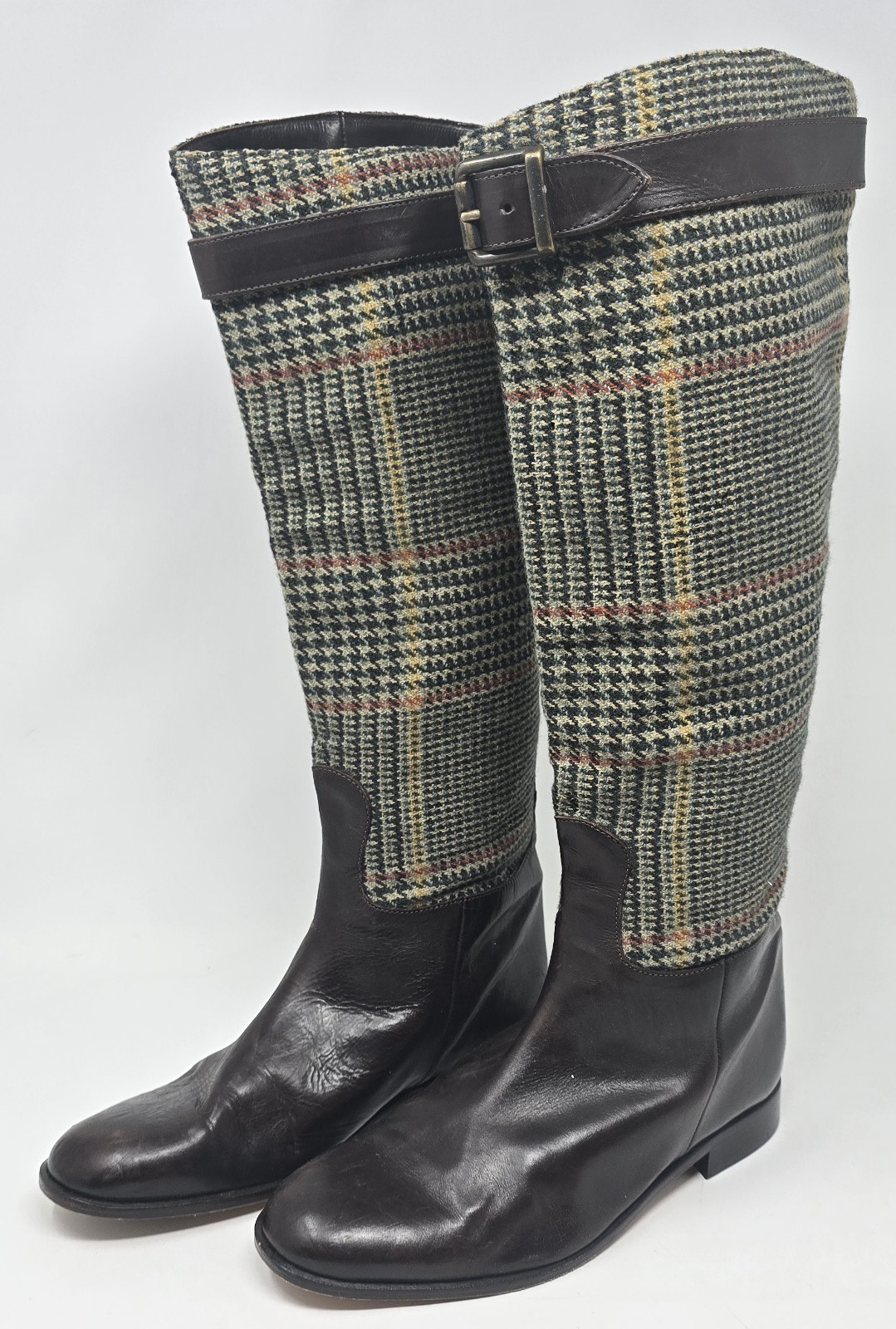 Etro Women’s Leather & Tweed Riding Boots Brown Plaid Italy Size 38 – 16.5" Tall