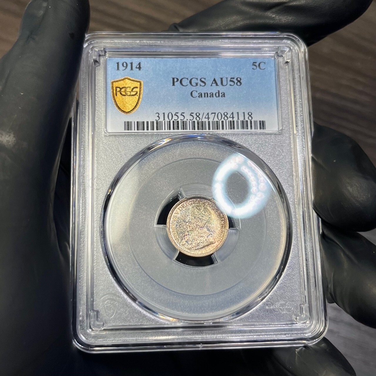 AU58 1914 Canada Silver 5 Cent, PCGS Trueview- Rainbow Toned