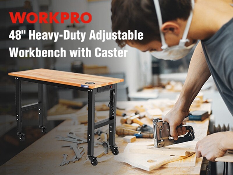 WORKPRO Garage Workbench 48"X22" Adjustable Workbench with Wheel Rubber Wood Top
