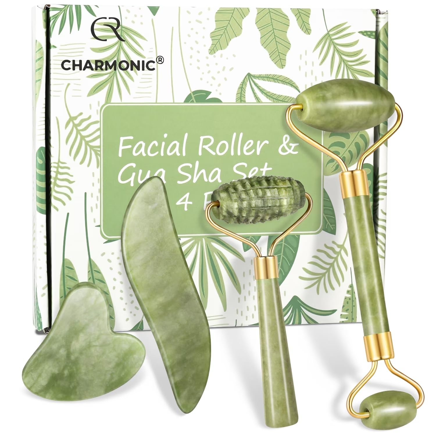 4-pcs Jade Roller & Gua Sha Set, Facial Roller Massager with Gua Sha Scraping...