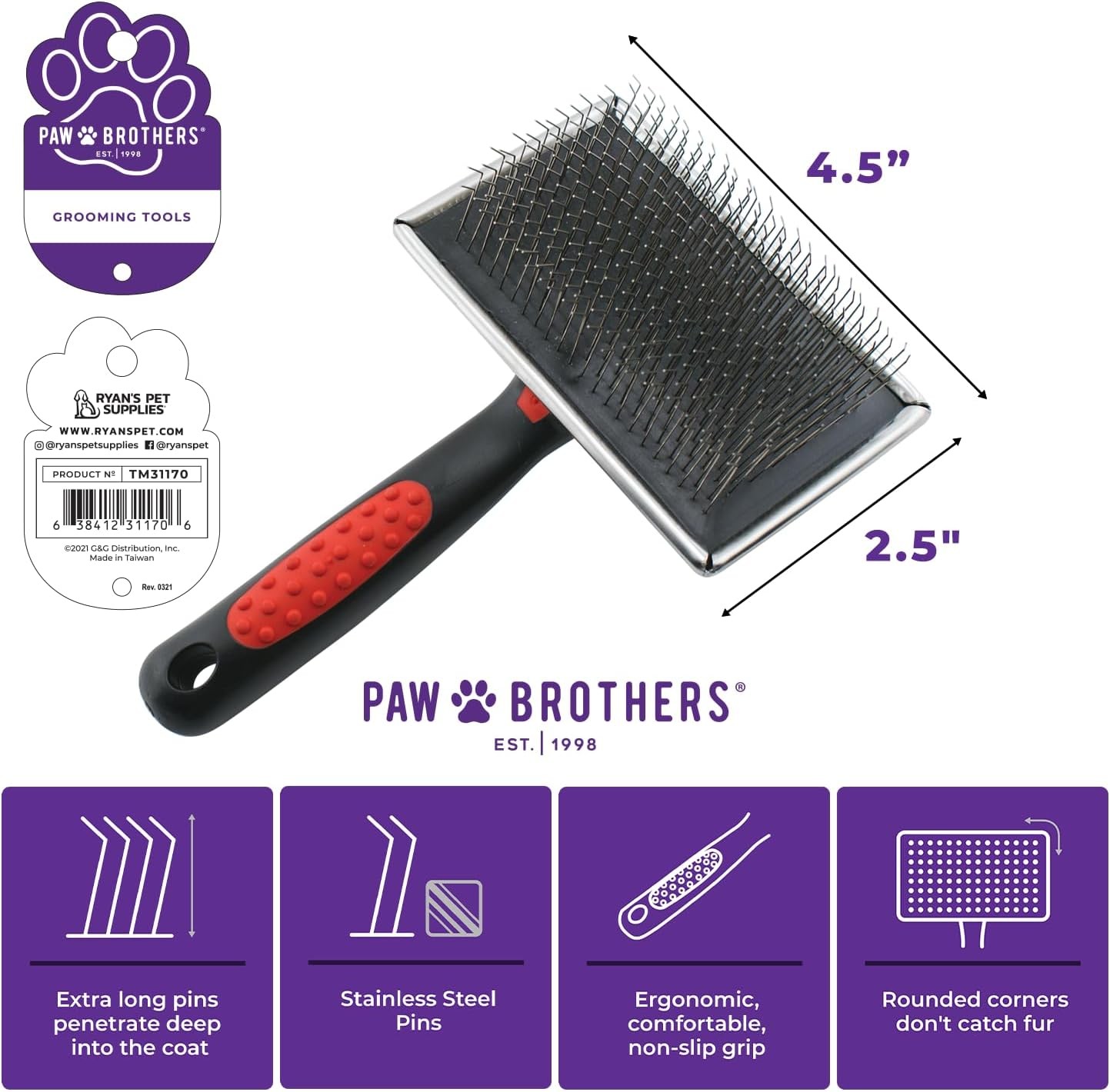Paw Brothers Pro Grade Extra Long Slicker Brush - Ergonomic Handle, Removes