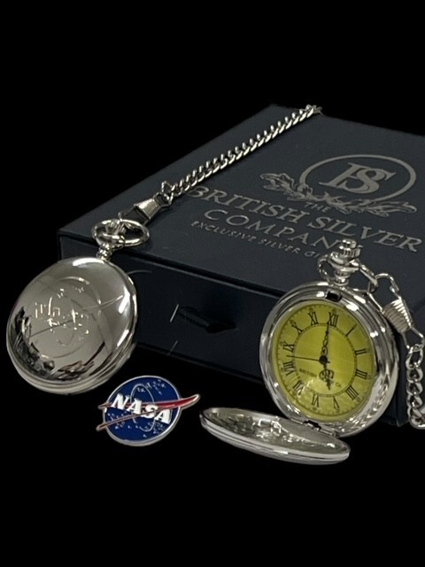 NASA Silver Pocket Watch Lapel Pin Space Mission Agency Shuttle Apollo Gift Set