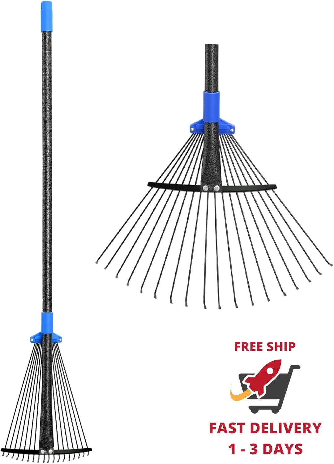Rastrillo de hojas de metal ajustable con mango largo, rastrillo de jardín para