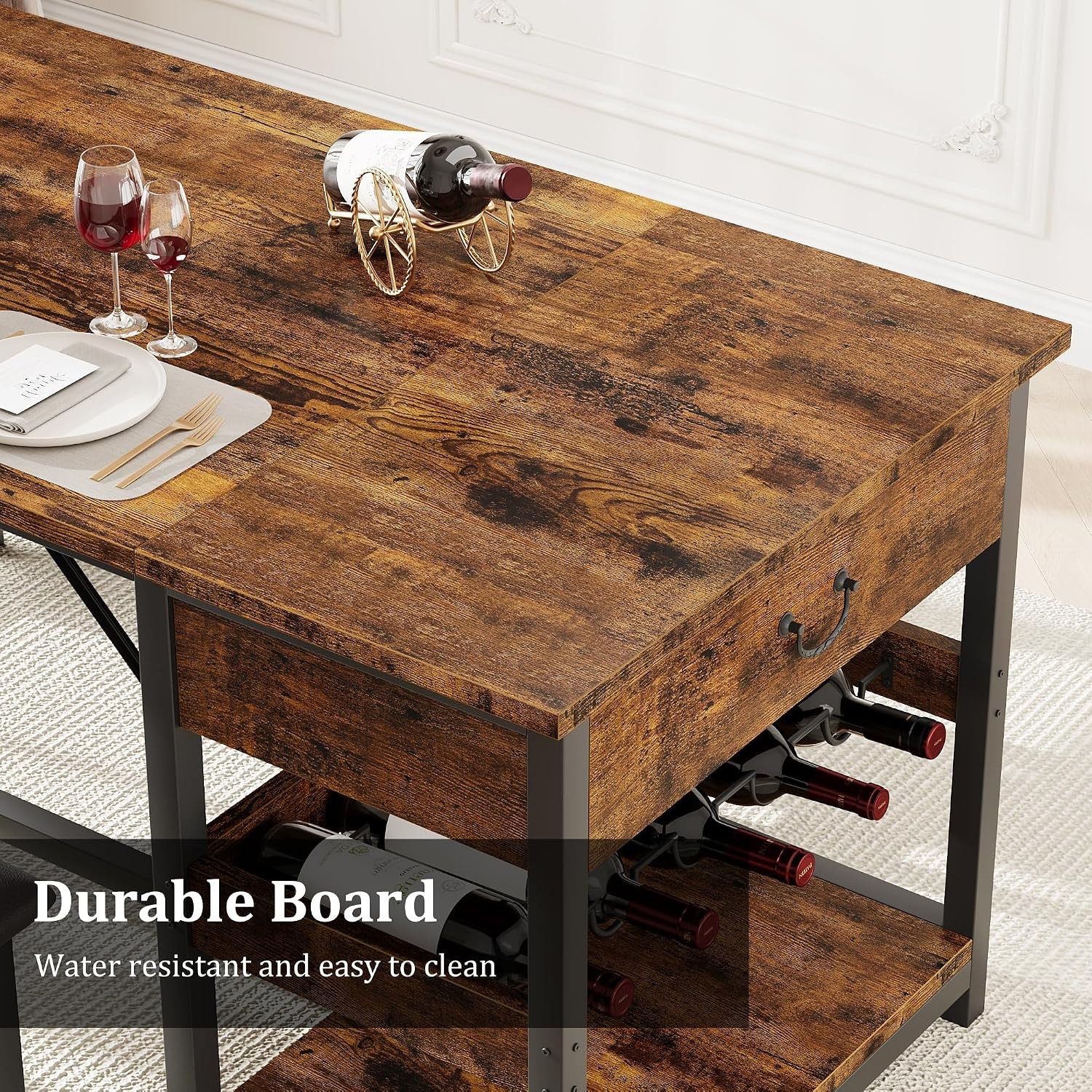Dining Table Set 4 W/ Storage Drawers & Wine Rack Kitchen Table & Upholstered
