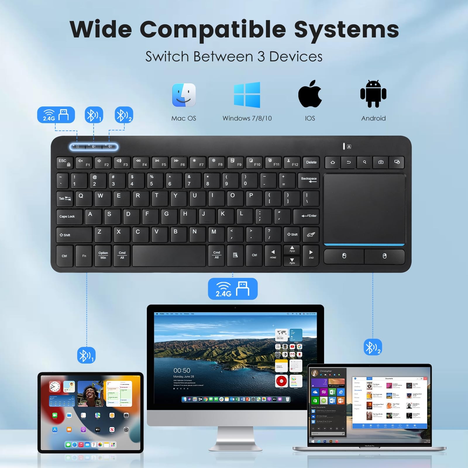 Wireless Bluetooth Keyboard With Trackpad For PC Android Chrome OS Tablet