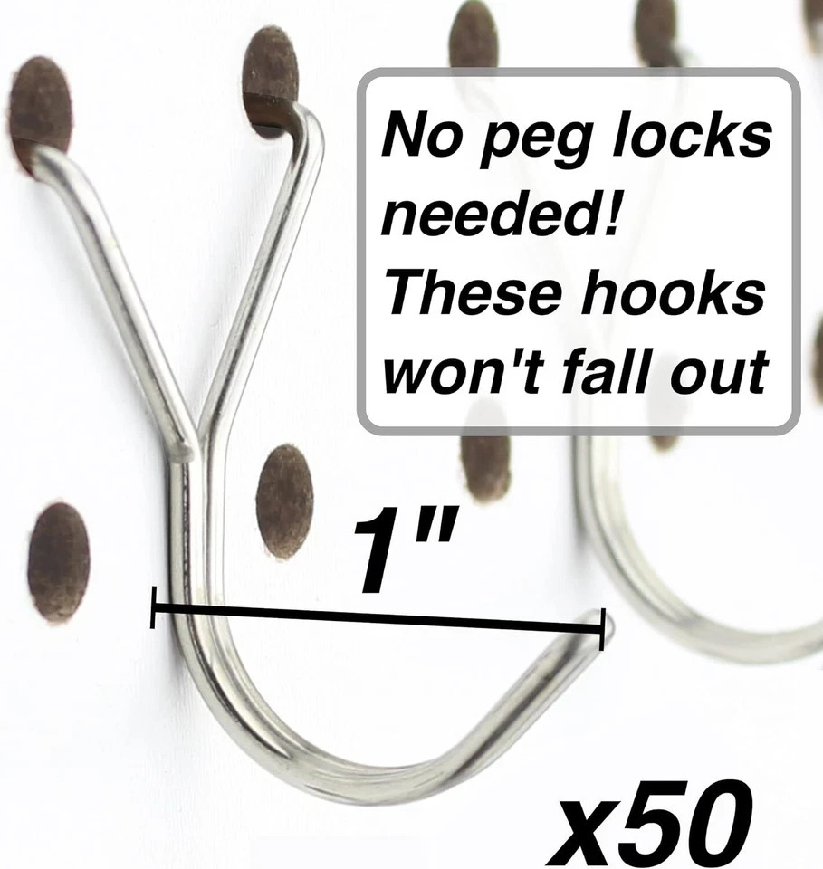 Stainless Steel Pegboard Hooks 50-Pack 1in J-Hook - Will Not Fall Out - Fits ...