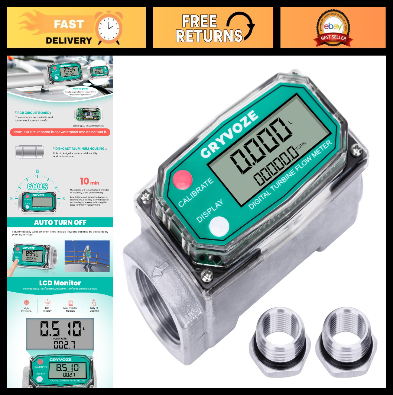 1" Digital Inline Flow Meter 2.6-26 GPM NPT Thread for Water, Diesel, Gas & Oil