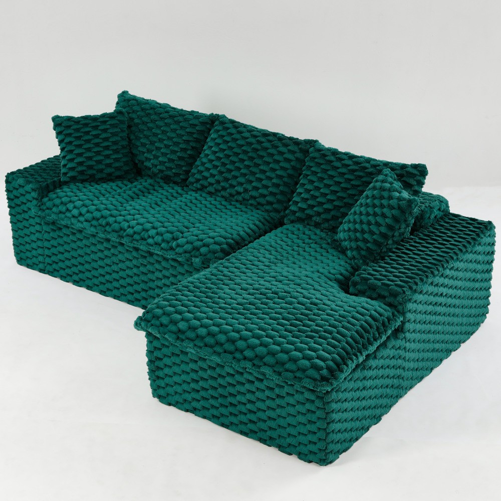 Green Velvet Convertible Sofa w/ Chaise Lounge - L-Shape Couch for Living Room
