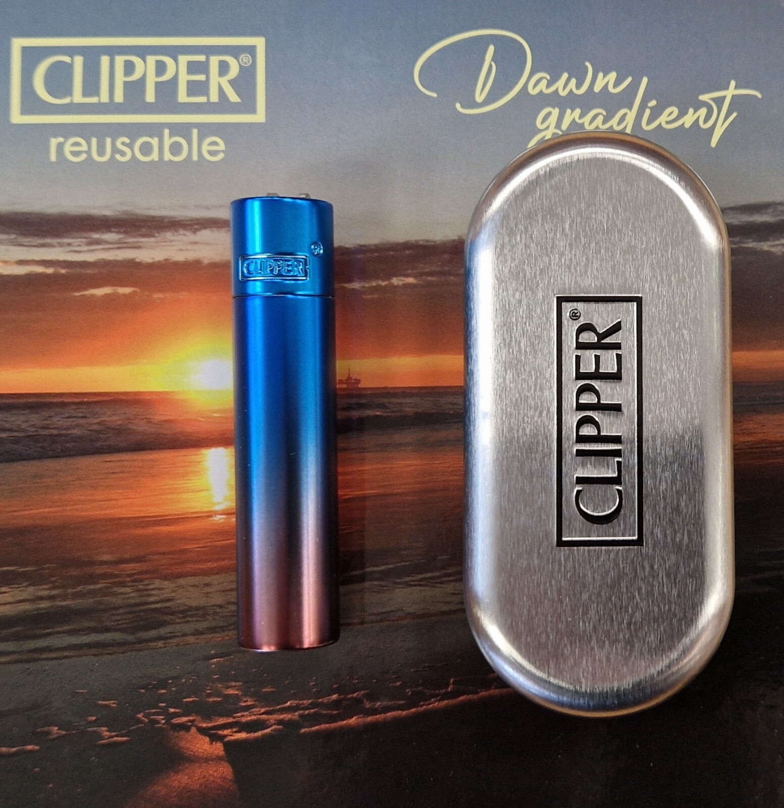 Genuine Clipper Metal Lighter Full Size Dawn Gradient With Chrome Case NEW