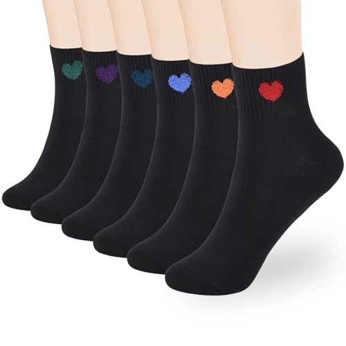 Women's Cute Ankle Crew Socks - Novelty Fun Heart Cotton 6-9 6 Pairs Black
