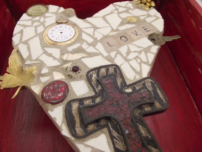 Red and Tan Heart assemblage with cross - mosaic sculpture