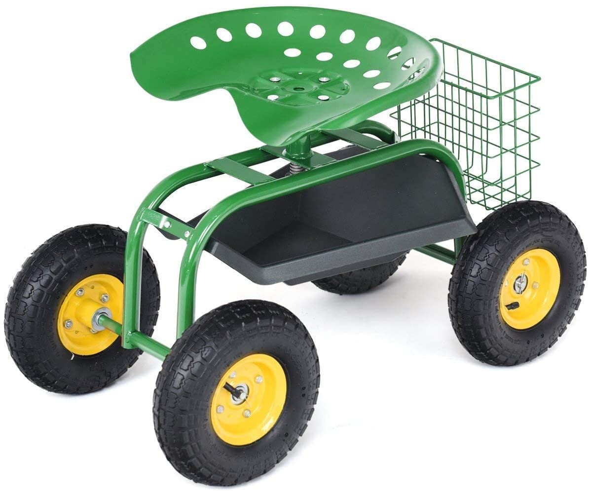 Garden Seat Outdoor Patio Work Seat with Heavy Duty Wheel Swivel Seat Green