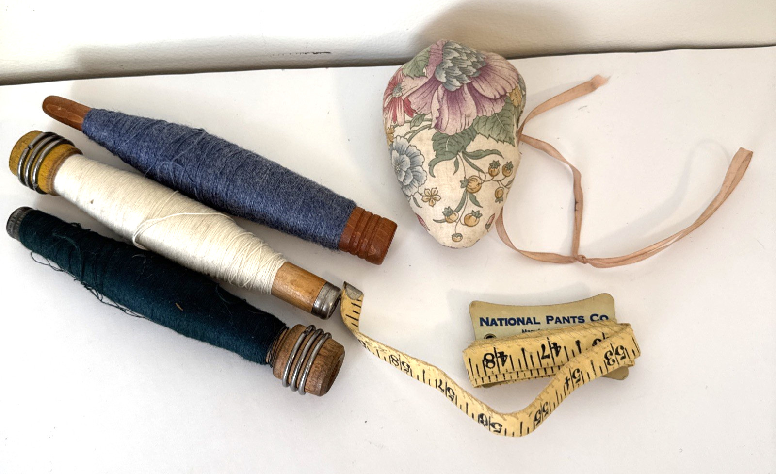 Vintage Hand Sewing Tools Lot Wooden Thread Bobbins Wrist Pincushion Tape