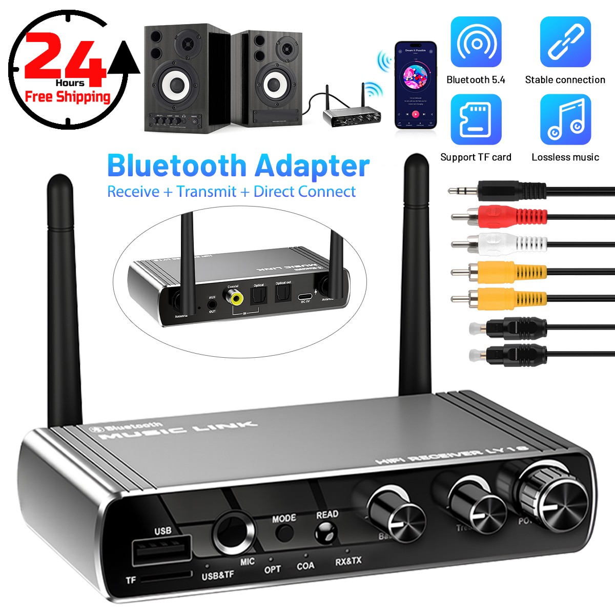 Bluetooth 5.4 Home Stereo Audio Receiver AUX/USB Optical HD Music to RCA Adapter