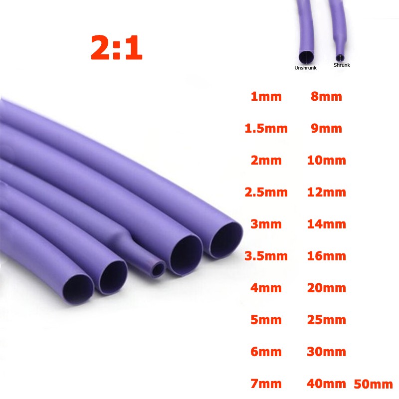 1mm-50mm Purple 2:1 Heatshrink Tube Sleeving Heat Shrink Tubing Wrap Cable Wire
