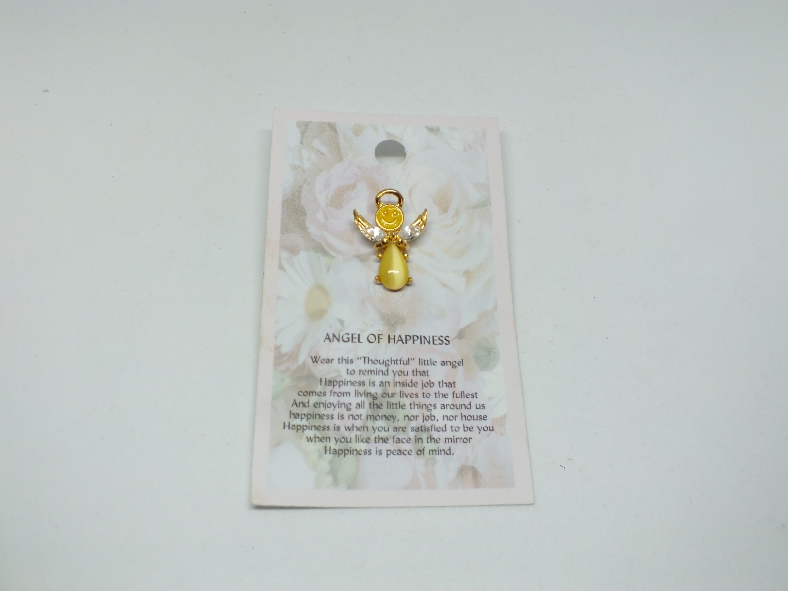 Beautiful Brooch Pin Gold Tone Angel Original Card Signed Angel of Happiness 7/8