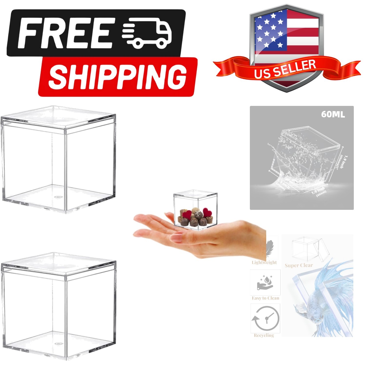 Small Acrylic Box Clear Display Case Plastic Square Cube 2 Packs Candy Box wi...