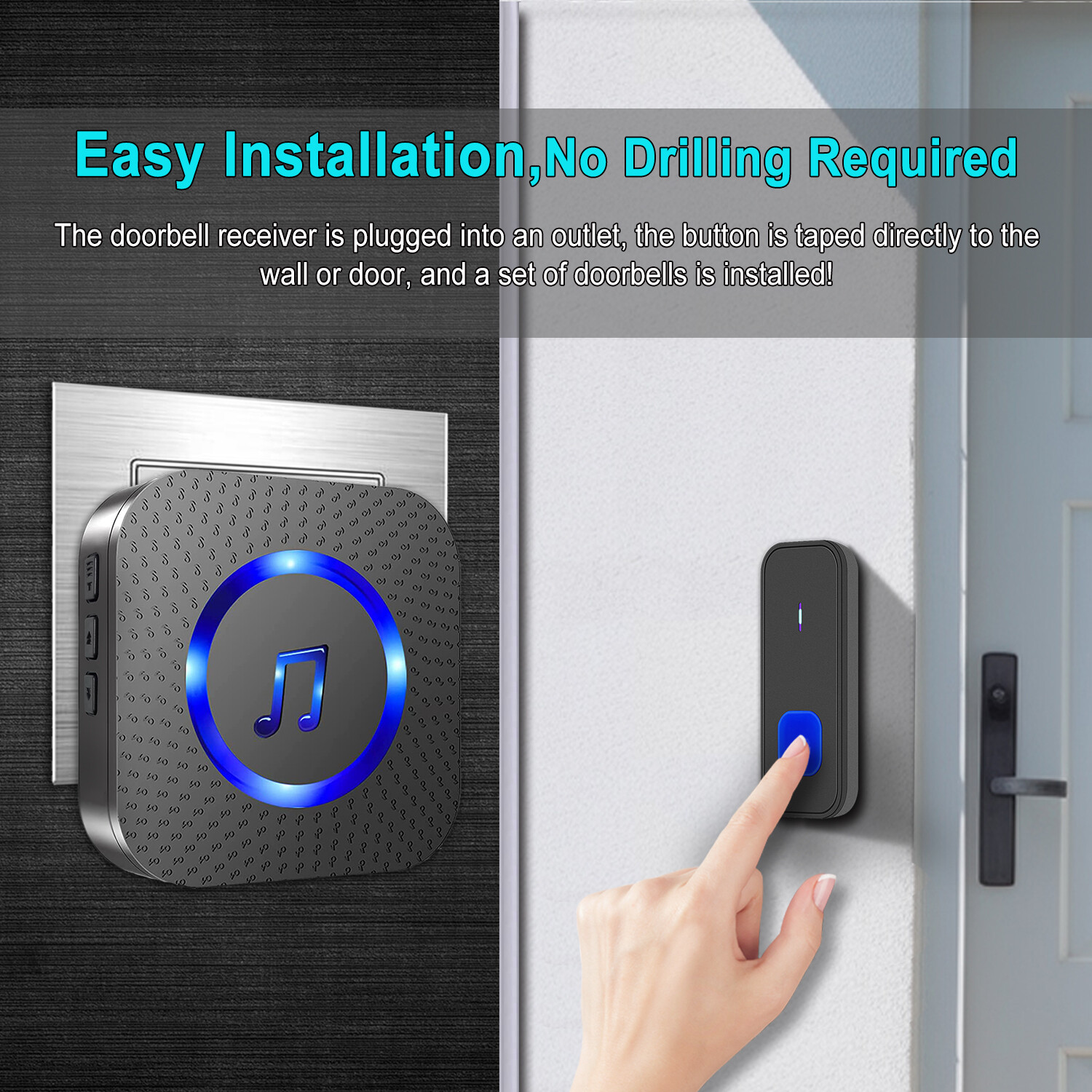 Home wireless doorbell with 4 buttons, suitable for multi-point calling,Black