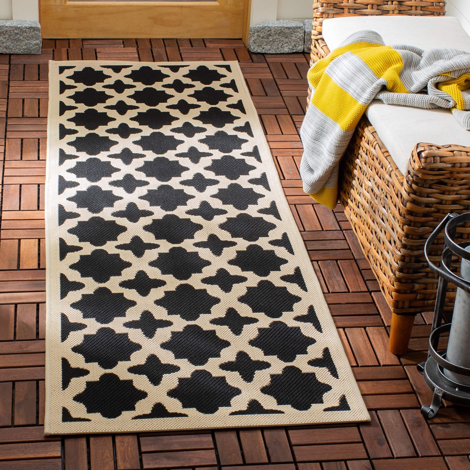 Washable Rug Outdoor Courtyard Collection - 2'3" x 8' Runner, Black & Beige, ...