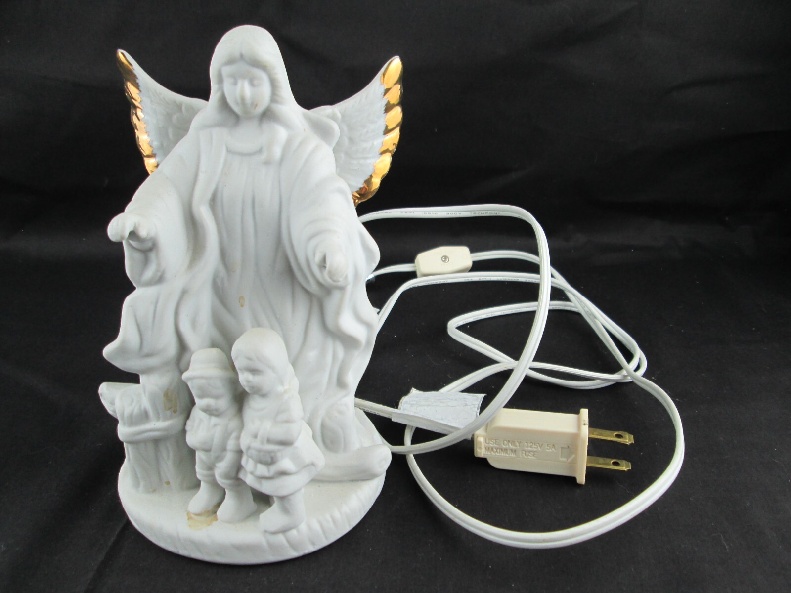 VTG Guardian Angel Children White Porcelain Night Light Lamp Gold Tip Wings 7x4”