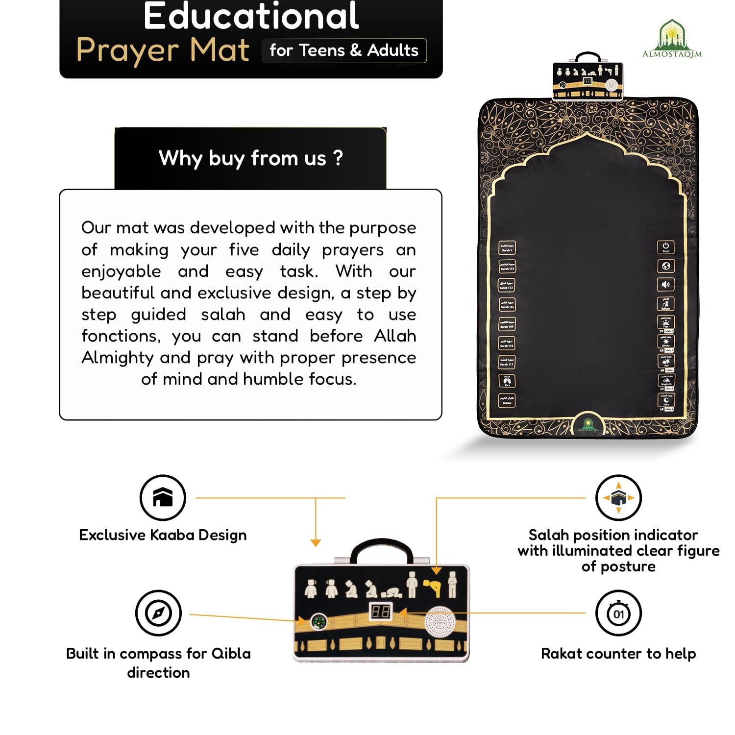 ALMOSTAQIM Educational Prayer Mat for Teens 2'3" x 3'11" (Rectangular), Black