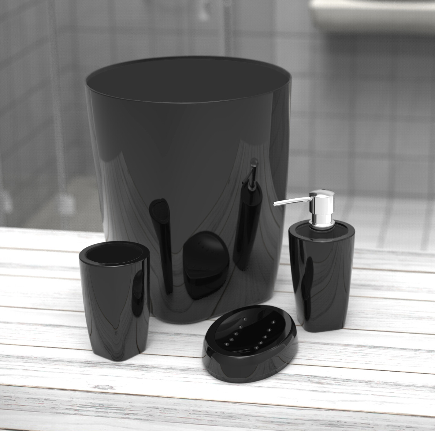 4-piece Modern Bathroom Heavy Base Acrylic Plastic Bath Accessory Set Black