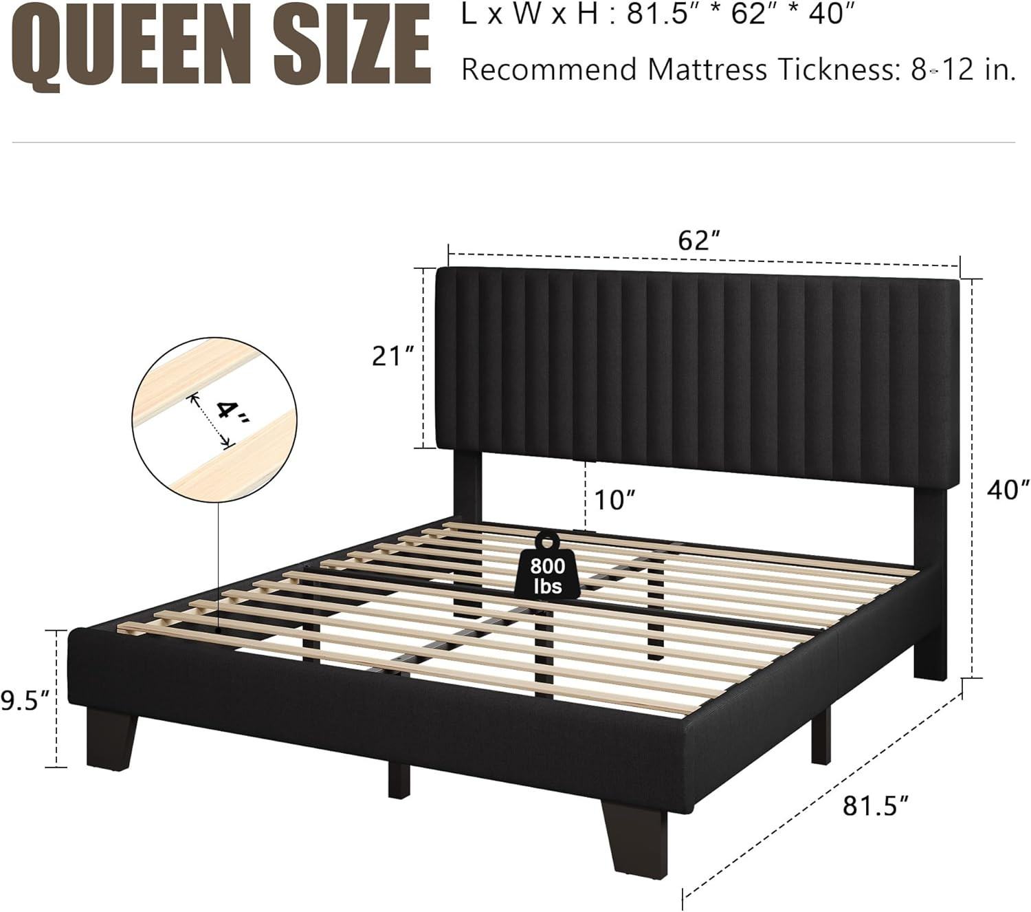 Queen Size Bed Frame w/ Headboard, Upholstered Linen Platform Bedframe with Soli