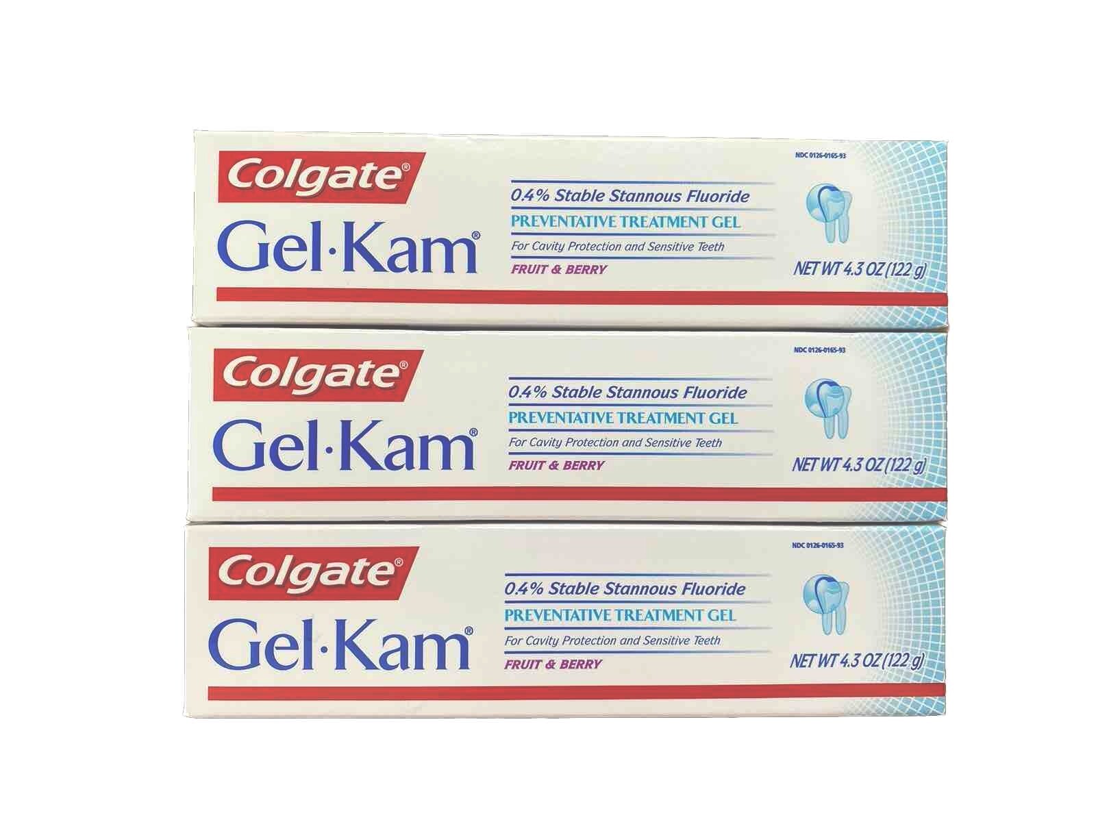 3x Colgate GEL-KAM Fluoride Gel | Fruit/Berry Flavored | 4.3 Ounce | EXP 01/2027