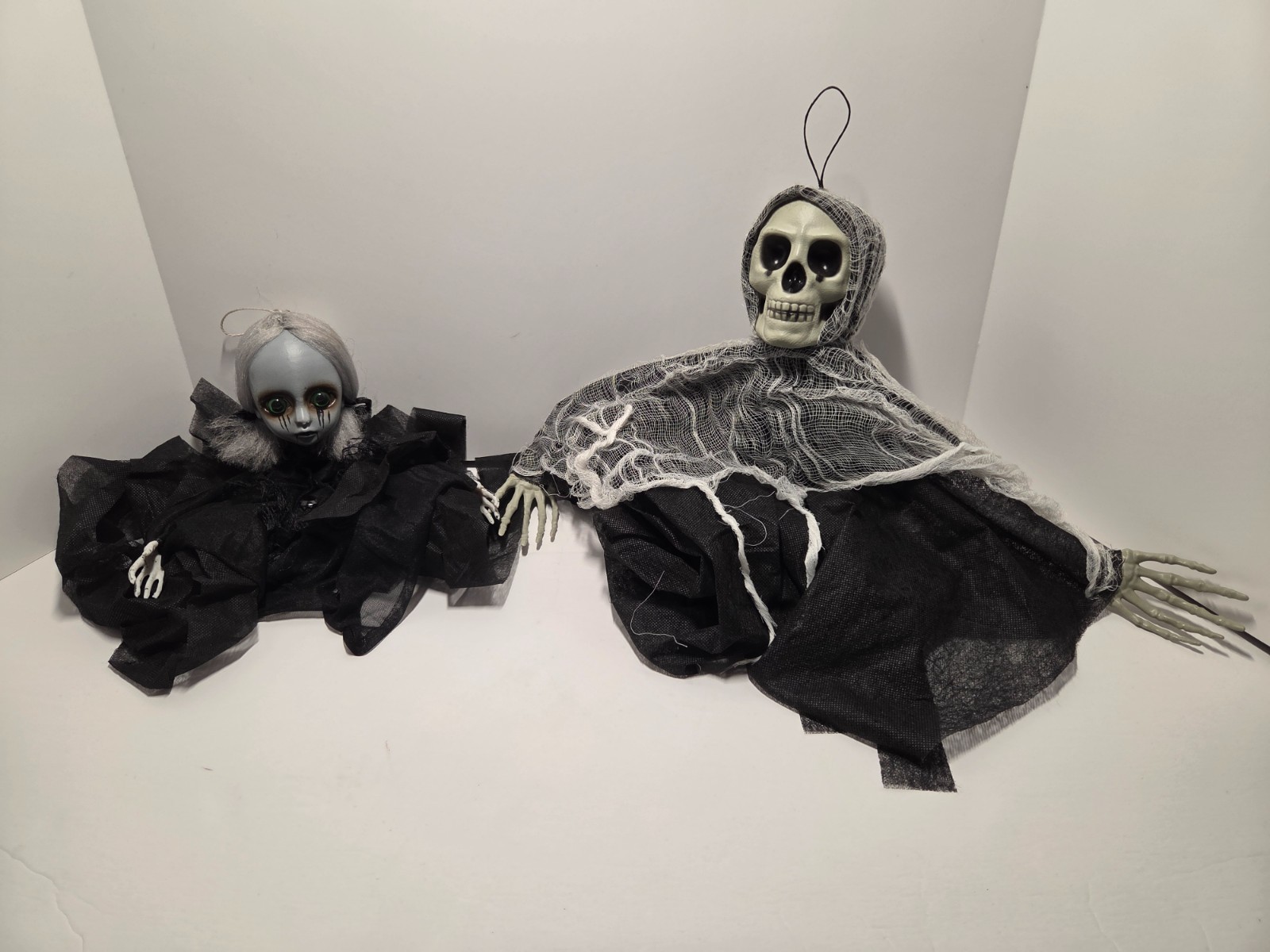 Lot of 2 Skeleton Grim & Scary Doll Girl Reaper Hanging Decor Prop Halloween