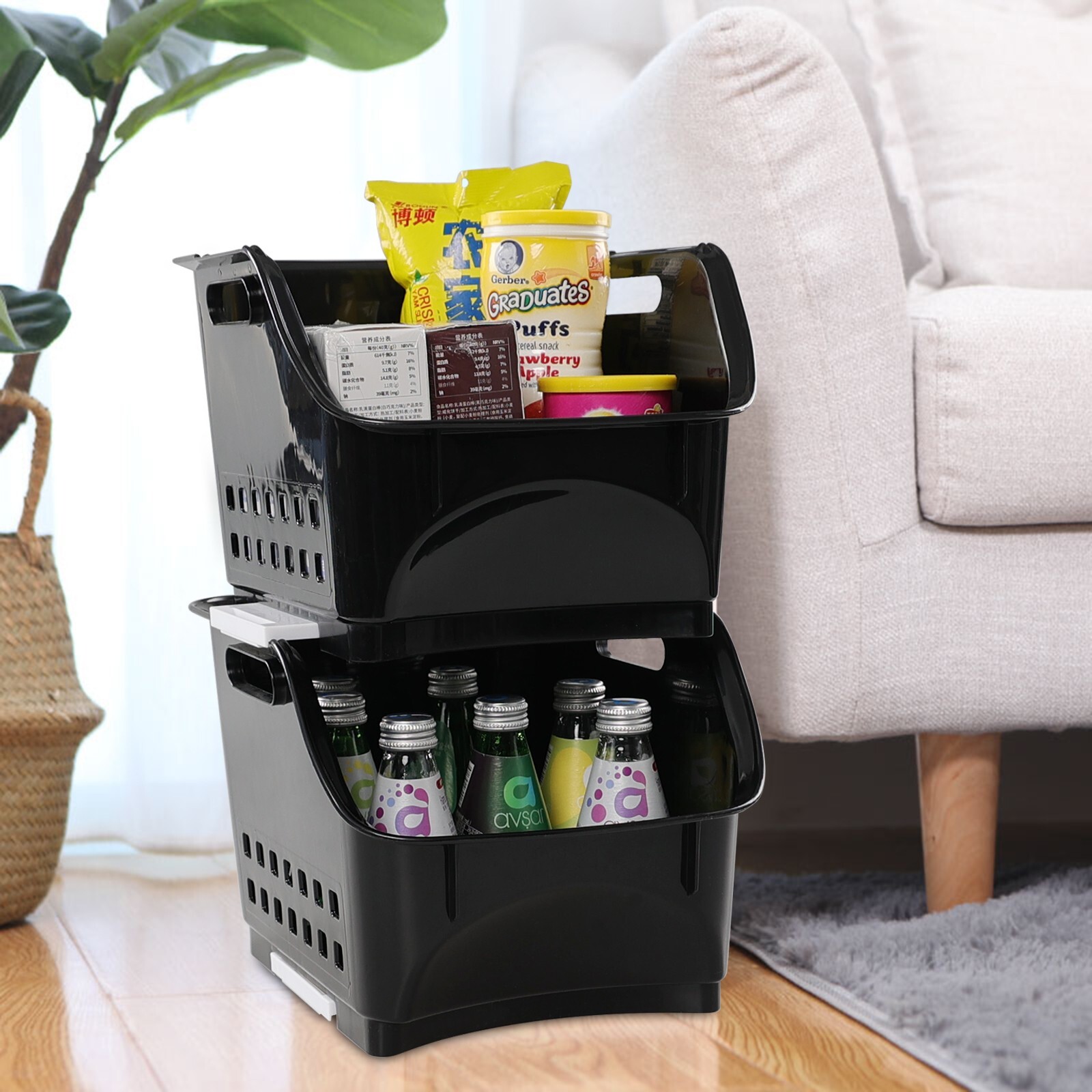 Cand 3-Pack Black Plastic Stacking Organizer Basket, Plastic Stackable Basket