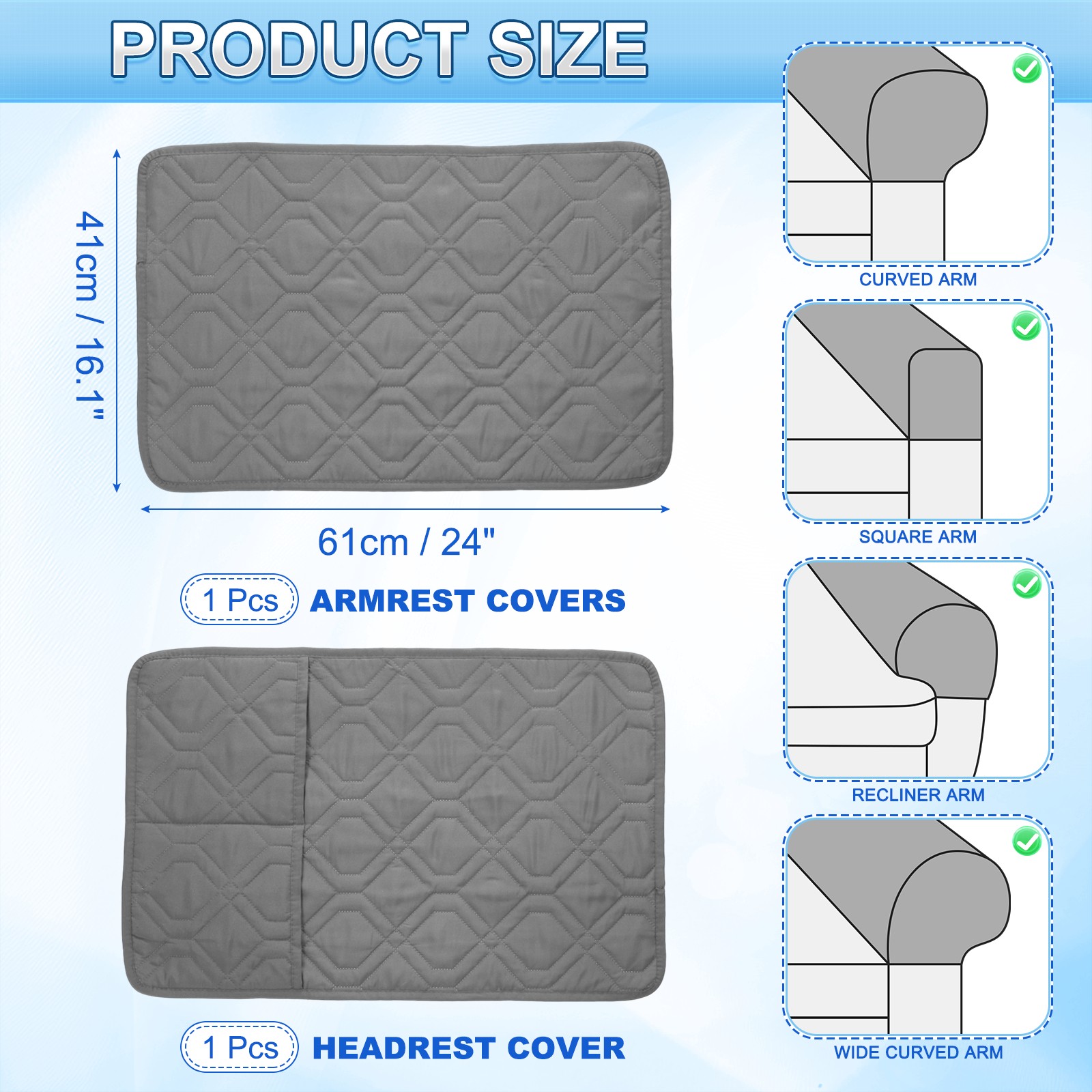 2Pcs Sofa Armrest Covers, Armchair Covers with Side Storage Pocket, Dark Gray